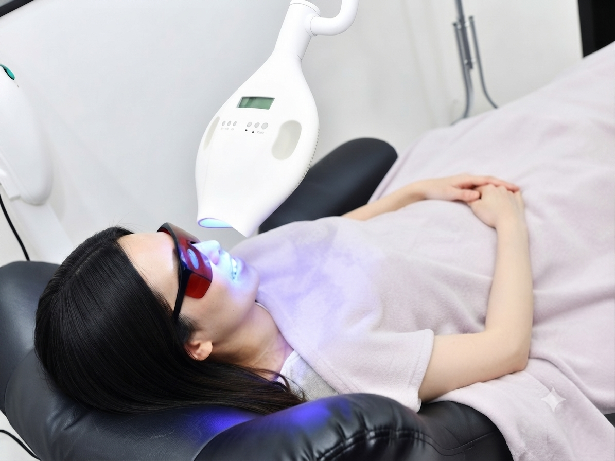 WhiteningBARでLEDライトを使用してセルフホワイトニングを行う様子